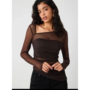 Cider Sheer Long Sleeve Square Neck Tunic in Brown